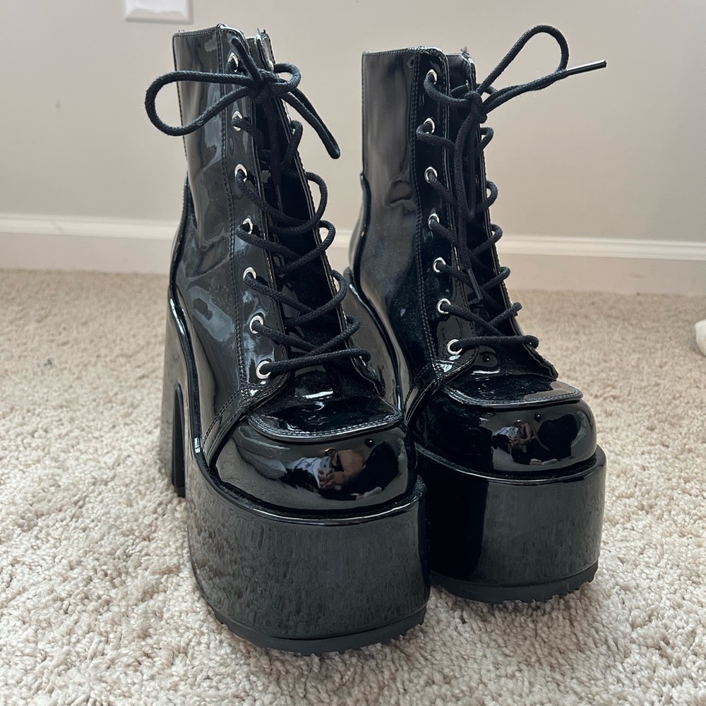Demonia Camel-203 Black Patent Ankle Platform Boots